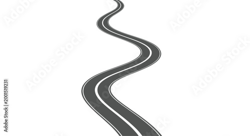 A long and winding dark gray asphalt road with crisp double white lines stretches toward the horizon across a minimalist and clean white landscape.