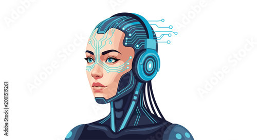 A stunning female cyborg with intricate glowing blue facial circuitry and advanced technological headphones gazes forward within a clean and bright futuristic setting.