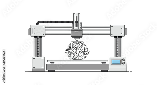 A sophisticated industrial 3D printer meticulously constructs a complex white geometric lattice structure on a flat build plate within a clean and bright workshop environment.