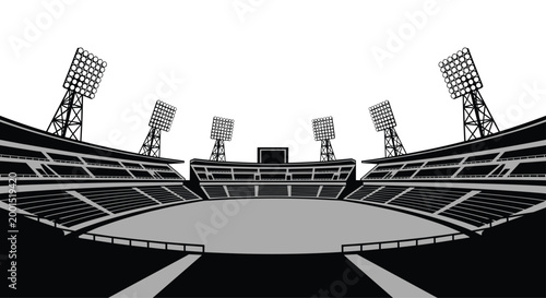 A dramatic black and white silhouette depicts a massive empty sports stadium featuring several towering floodlight structures under a bright clear sky.