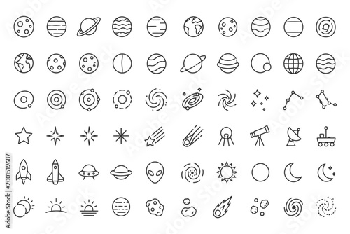 Space icons: planets, stars, ufos, telescopes, aliens, comets, sun, moon.