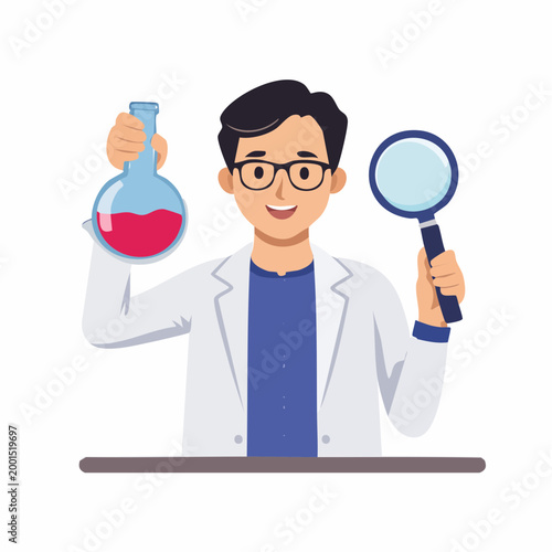 Scientist holding flask and magnifying glass