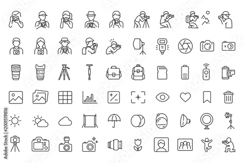 Minimalist photography icon set with cameras, lenses, and accessories.