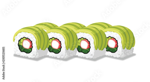 Fresh Avocado Sushi Roll Set Vector Illustration - Japanese Cuisine Maki with Rice and Seafood isolated on white background