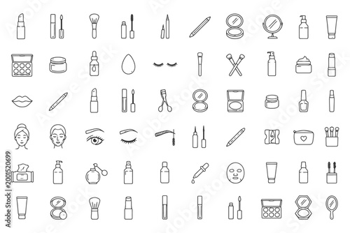 Outline icons of makeup and skincare tools and products.