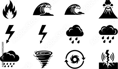 Silhouette icons of natural disasters and extreme weather.