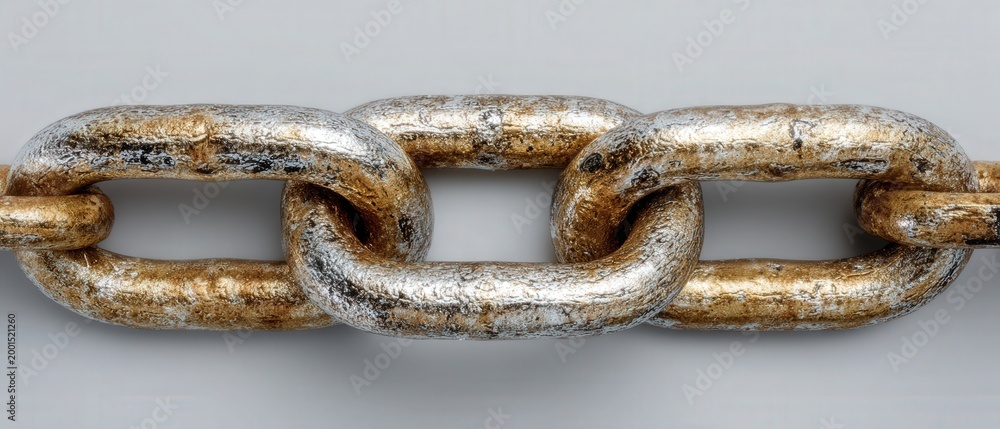 Fototapeta premium Close up of metallic chain links in gold and silver tones on light background, symbol of strength connection and security with copy space for design.