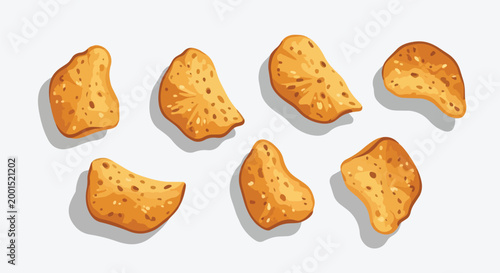 Crispy Golden Potato Chips Vector Illustration - Set of Salty Fried Snack Pieces Isolated on White Background