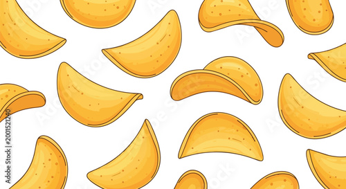 Hand Drawn Crispy Golden Potato Chips Vector Illustration Pattern, Delicious Salty Snacks Background for Food Branding