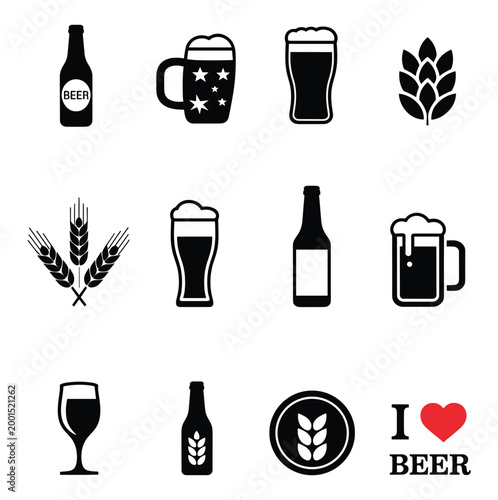 Diverse Beer Collection: An array of beer-related elements, perfect for design and beverage themes. beer icons, beverage designs, drink elements, beer theme, food and drink.