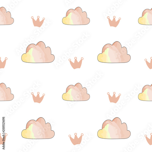 Watercolor seamless pattern featuring clouds and princess crowns
