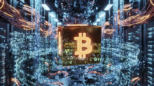 A glowing cube displaying Bitcoin symbols floats amidst a futuristic server farm, symbolizing the digital currency's technological foundation.
