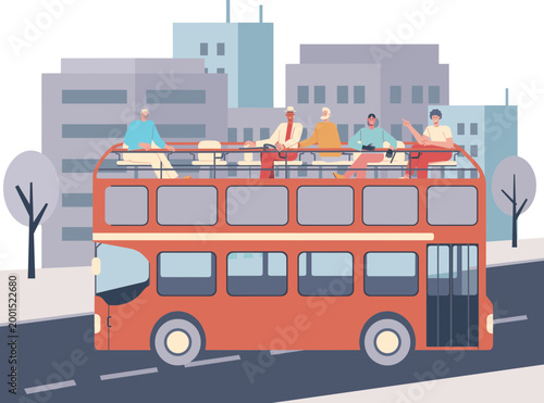 People riding on a double-decker bus through city streets with buildings