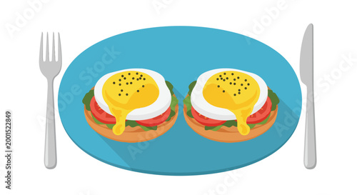 Delicious Eggs Benedict Poached Eggs Breakfast on Blue Plate with Fork and Knife Vector Illustration, Toasted Muffins with Tomato and Greens