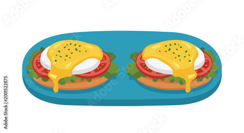 Vector Illustration of Eggs Benedict with Poached Eggs Hollandaise Sauce and Tomato on a Blue Plate for Breakfast and Brunch Menu