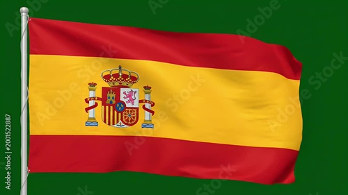 A vibrant image showcases the Spanish flag waving against a solid green background, displaying its iconic red and yellow stripes and detailed coat of arms.