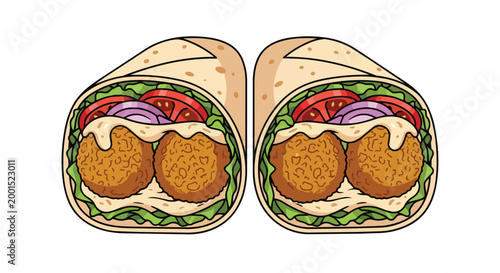 Two Healthy Falafel Wrap Halves with Fresh Vegetables and Tahini Sauce Vector Illustration