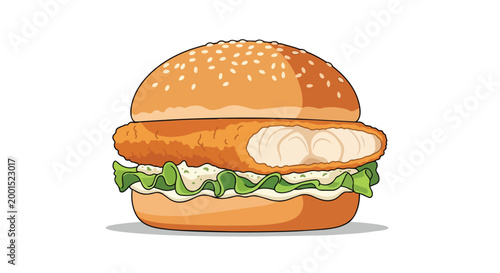 Delicious Fish Fillet Burger with Lettuce and Sesame Bun Vector Illustration Isolated on White