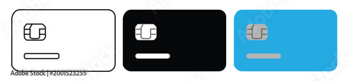 Set of three credit or debit card outlines with chip icons payments transfer withdrawl finance cocenpt