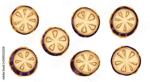 Fresh Sliced Eggplant Rounds Vector Illustration - Aubergine Slices Isolated on White Background