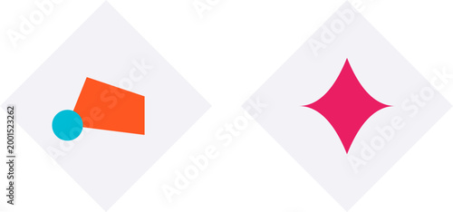 Minimalist flat design featuring a stylized orange megaphone icon and a magenta starburst shape illustration