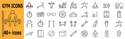 Set of gym icons with exercise equipment and fitness poses collection of Gym machines benchpress cycling, dumbells weight lifting pushups runny and fitness