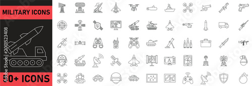 Military icon set with missiles tanks drones satellite radar symbols for defense and attack war concept