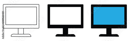 Set of computer monitor icons with outline, solid, and blue screen