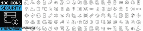 Thin line icons set representing security concepts and data protection, 50 icons collection editable stroke outline