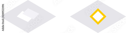 Isometric weather forecast icons representing sunny and cloudy conditions on a clean white minimalist digital background.