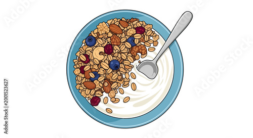 Healthy Breakfast Granola Bowl with Yogurt Berries and Nuts Vector Illustration