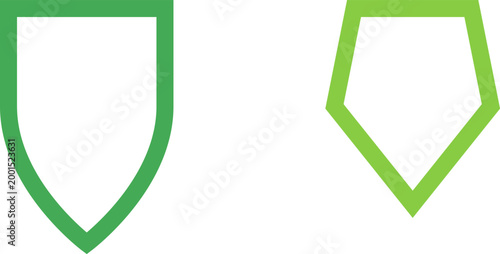 Two green minimalist shield and pentagon icons symbolizing cyber security and digital data protection illustration