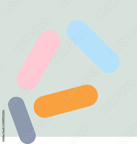 Minimalist flat design of multicolored pastel medicine capsules scattered on a square light grey background illustration