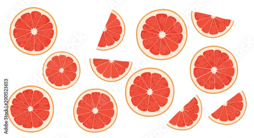 Fresh Pink Grapefruit Slices and Wedges Vector Illustration Set on White Background