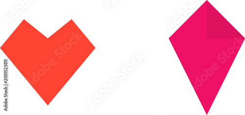 Minimalist red geometric heart and pink diamond shapes with folded corner on white background illustration
