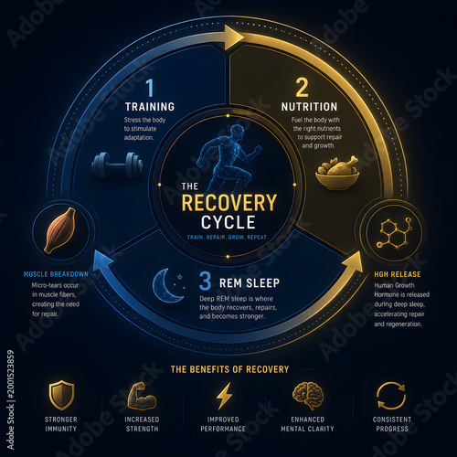 Circular Athletic Recovery Loop Infographic showing Circadian Rhythm, Muscle Repair, Nutrition, and Deep Sleep Phases