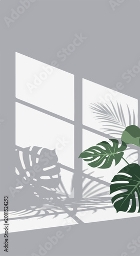 Bright morning sun casting striking graphic shadows of lush Monstera and delicate palm leaves through a window onto a smooth gray wall, creating a peaceful and modern indoor ambiance