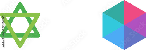 Minimalist green six pointed star outline and colorful faceted hexagonal icon isolated on white illustration