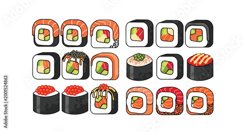 Sushi Roll Collection Vector Illustration with Salmon Tuna Avocado and Roe Japanese Food Set