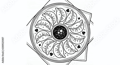 Black and White Vector Illustration of Steamed Momo Dumplings