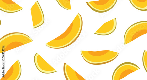 Cantaloupe Melon Slices Seamless Pattern on White Background, Fresh Organic Fruit Vector Illustration