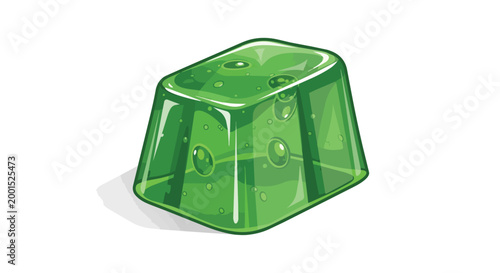 Green Translucent Jelly Cube Vector Illustration, Sweet Lime Gelatin Dessert Isolated on White Background