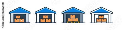 Collection of warehouse icons showing storage boxes and pallets for logistics and delivery