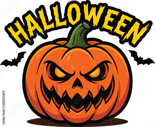 Halloween pumpkin with bats and spooky face isolated on white background