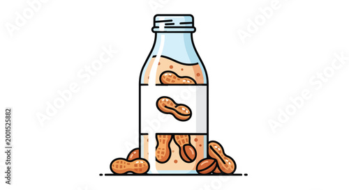 Peanut Milk Bottle Vector Illustration Healthy Vegan Nut Drink with Fresh Peanuts
