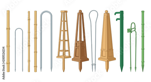 Set of Garden Plant Supports Trellises Stakes and Obelisks for Climbing Plants and Horticulture Vector Illustration
