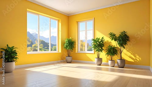 Bright Yellow Room with Large Windows and Potted Plants.