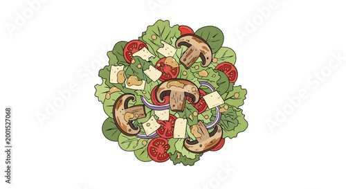 Fresh Healthy Vegetable Salad Illustration with Mushrooms Tomatoes and Lettuce Top View for Menu Design