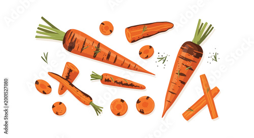 Grilled and Roasted Carrots Set Vector Illustration with Slices and Whole Root Vegetables