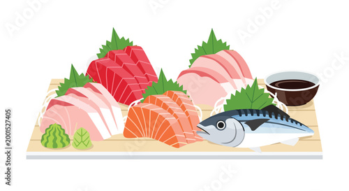 Japanese Sashimi Platter Set with Fresh Salmon Tuna and Mackerel on Wooden Board Vector Illustration